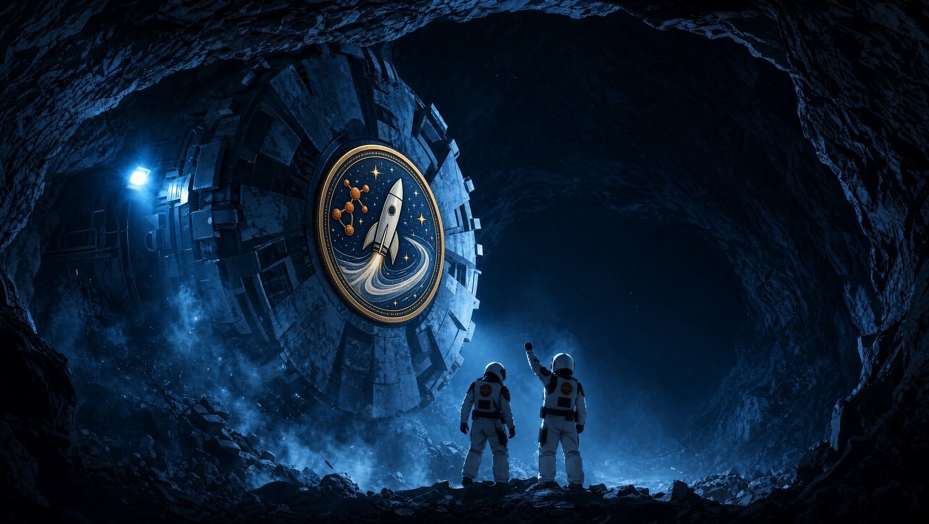 Astronauts discovering a SpaceXcoin monument